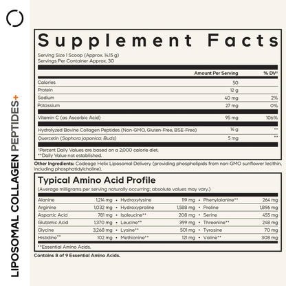 Codeage Liposomal Collagen Peptides Powder + Vitamin C & Quercetin, Phospholipid Complex, Grass-Fed Pasture-Raised Hydrolyzed Collagen Type I & III Supplement All-in-One, Non-GMO, 14.97 oz - dailyvitalstore
