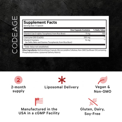 Codeage Liposomal CoQ10 Max Supplement - 250 mg Coenzyme Q10 with Vitamin E Isomers Tocopherols - 2-Month Supply - 1 Capsule Per Serving - Liposomal Delivery - Non-GMO, Gluten-Free - 60 Capsules - dailyvitalstore