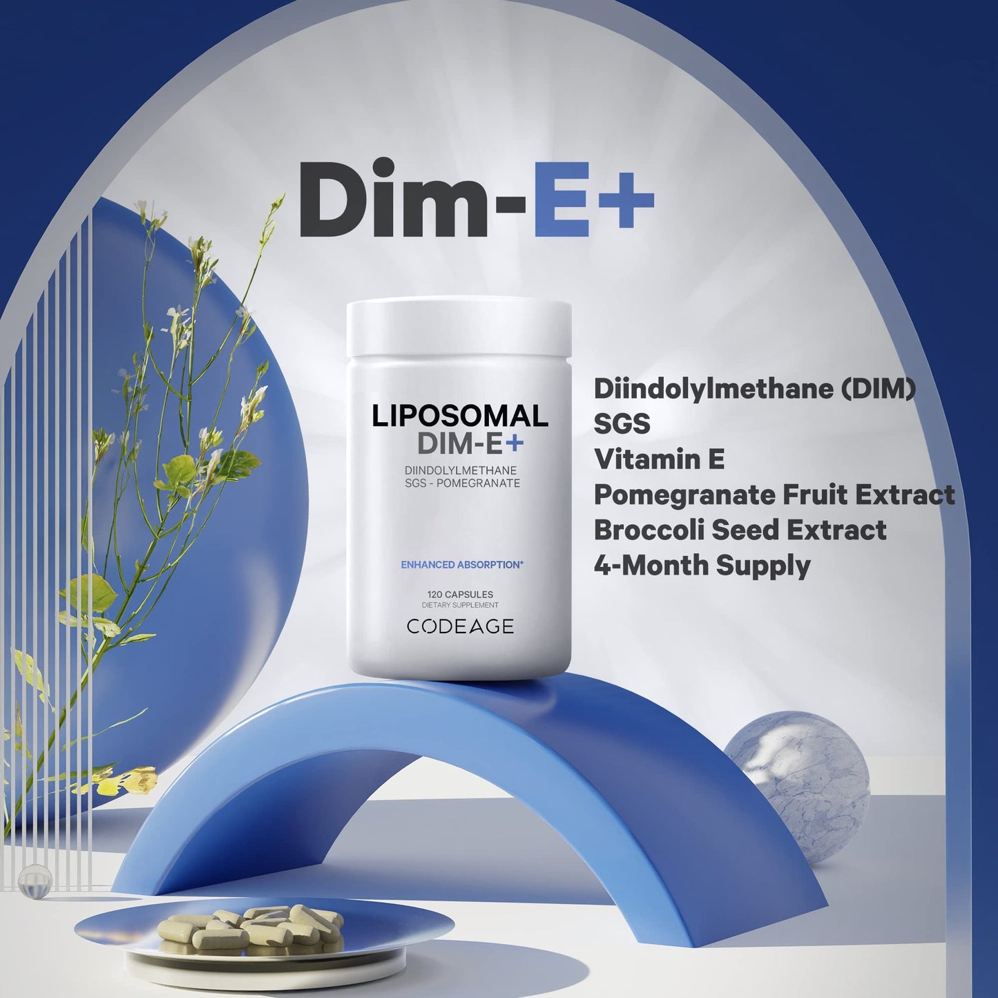 Codeage Liposomal DIM Supplement - 4 Months Supply of DIM Vitamins and SGS, Pomegranate, Broccoli, Vitamin E Isomers Tocopherols Alpha Beta Gamma Delta - Liposomal Formula - Gluten-Free - 120 Capsules - dailyvitalstore