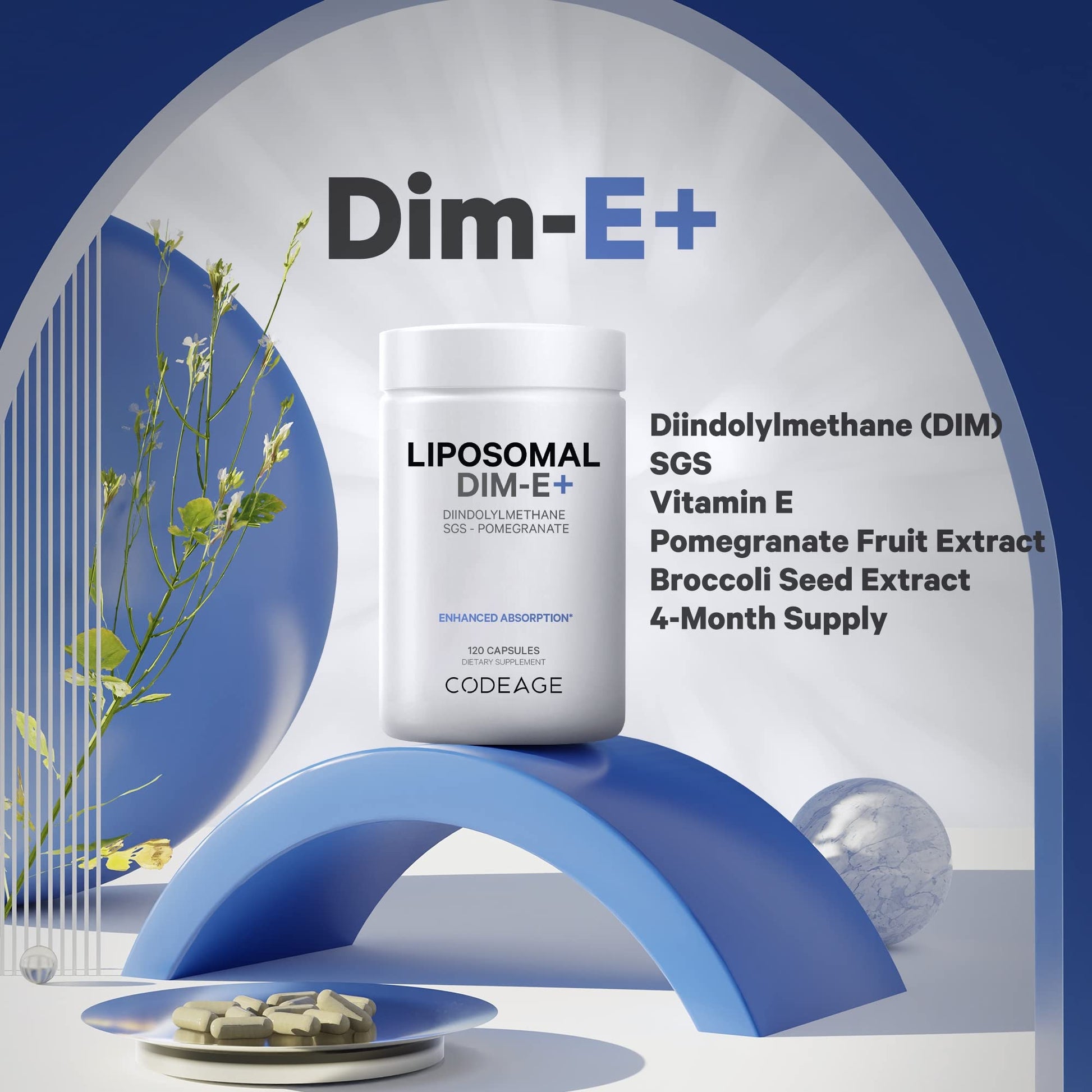 Codeage Liposomal DIM Supplement - 4 Months Supply of DIM Vitamins and SGS, Pomegranate, Broccoli, Vitamin E Isomers Tocopherols Alpha Beta Gamma Delta - Liposomal Formula - Gluten-Free - 120 Capsules - dailyvitalstore