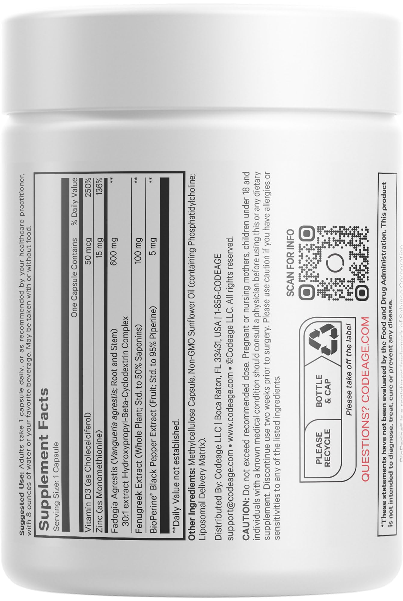 Codeage Liposomal Fadogia Agrestis 600mg Supplement - Fadogia Agrestis 30:1 Extract, Vitamin D3, Zinc, Fenugreek, BioPerine Black Pepper - 2-Month Supply - Liposomal Delivery - Non-GMO, 60 Capsules - dailyvitalstore