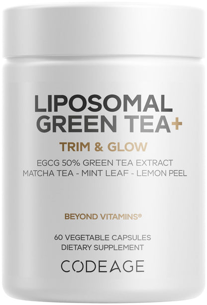 Codeage Liposomal Green Tea+ EGCG 50% Green Tea Extract, Organic Matcha Green Powder, Peppermint Leaf, Lemon Peel, Liposomal Delivery - Vegan Pils Supplement - Non-GMO - 60 Capsules - dailyvitalstore