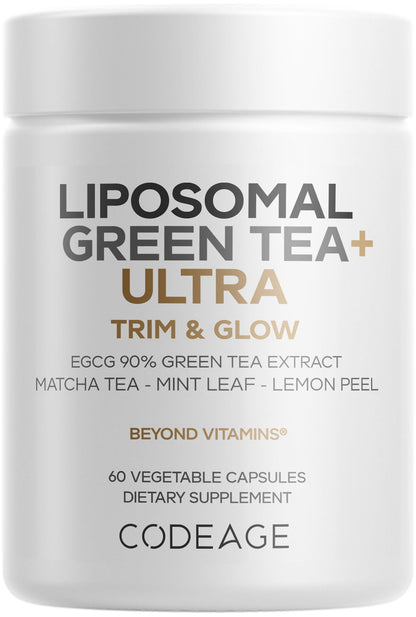Codeage Liposomal Green Tea+ Ultra Potency - EGCG 90% Green Tea Extract, Organic Matcha Green Powder, Peppermint, Lemon Peel - Vegan, Non-GMO, Gluten-Free - Liposomal Delivery - 60 Capsules - dailyvitalstore