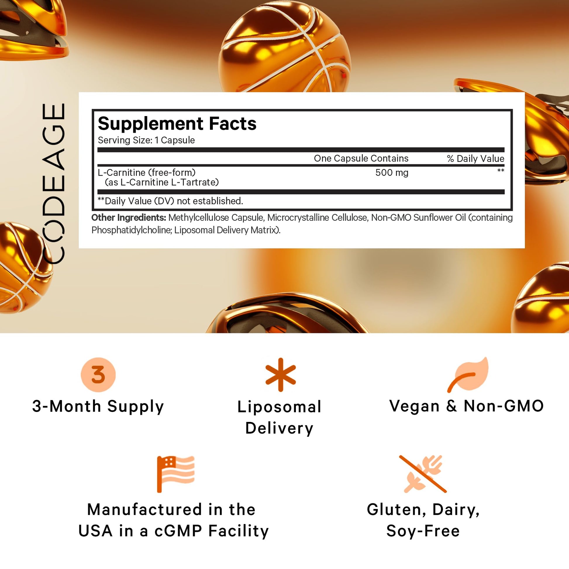 Codeage Liposomal L-Carnitine+ Supplement - 500 mg L-Carnitine L-Tartrate per Serving - Free-Form Amino Acid - Carnitine - Liposomal Delivery - Vegan, Non-GMO, Gluten-Free - 90 Capsules - dailyvitalstore