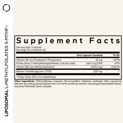 Codeage Liposomal L-Methylfolate 5-MTHF+ - Active Vitamin B9, Methylcobalamin B12, Betaine TMG, B6-2-Month Supply Multivitamins - Liposomal Delivery - Bioavailable B-Vitamin Complex - 60 Capsules - dailyvitalstore