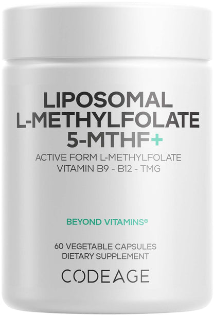 Codeage Liposomal L-Methylfolate 5-MTHF+ - Active Vitamin B9, Methylcobalamin B12, Betaine TMG, B6-2-Month Supply Multivitamins - Liposomal Delivery - Bioavailable B-Vitamin Complex - 60 Capsules - dailyvitalstore