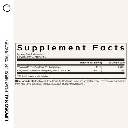Codeage Liposomal Magnesium Taurate+ Supplement - Magnesium Taurate, Vitamin B6 as Pyridoxal 5-Phosphate, 2-Month Supply - Liposomal Delivery, Vegan, Non-GMO, Gluten-Free, 120 Capsules - dailyvitalstore