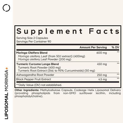 Codeage Liposomal Moringa+ Supplement, 400mg Moringa 50:1 Extract - Turmeric, Ashwagandha, Black Pepper, 3-Month Supply, Vegan Moringa Powder - 180 Capsules - dailyvitalstore