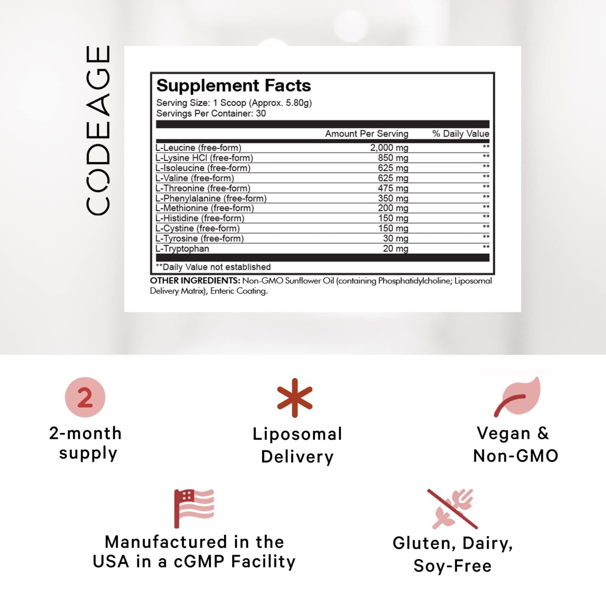 Codeage Liposomal Multi Amino Powder Supplement - BCAA & EAA Supplement All 9 Essential Amino Acids, Branched-Chain Amino Acid, Pre & Post Workout, Unflavored, Liposomal Delivery, Non-GMO, 6.15 oz - dailyvitalstore
