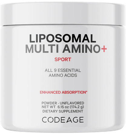 Codeage Liposomal Multi Amino Powder Supplement - BCAA & EAA Supplement All 9 Essential Amino Acids, Branched-Chain Amino Acid, Pre & Post Workout, Unflavored, Liposomal Delivery, Non-GMO, 6.15 oz - dailyvitalstore