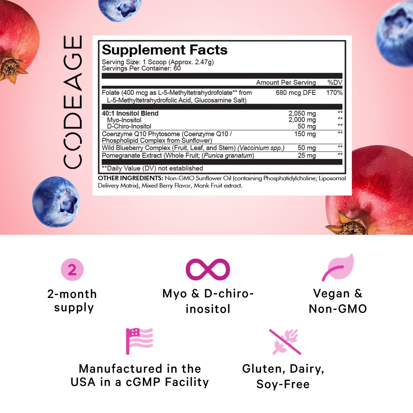 Codeage Liposomal Ovarian Inositol Powder - Myo-Inositol & D-Chiro-Inositol 40:1 Blend, Folate 5-MTHF, CoQ10, Pomegranate & Wild Blueberry - 2-Month Supply - Mixed Berry Flavor - Non-GMO, 60 Servings - dailyvitalstore