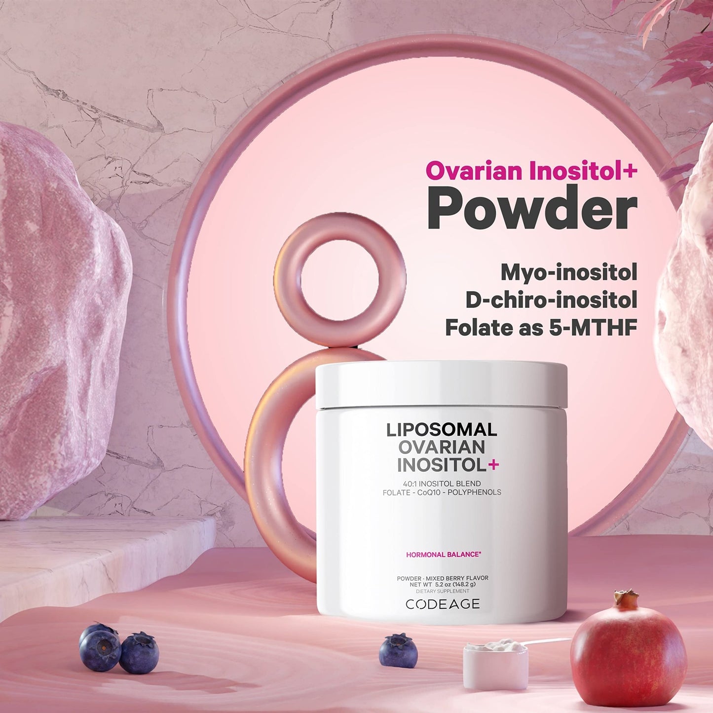 Codeage Liposomal Ovarian Inositol Powder - Myo-Inositol & D-Chiro-Inositol 40:1 Blend, Folate 5-MTHF, CoQ10, Pomegranate & Wild Blueberry - 2-Month Supply - Mixed Berry Flavor - Non-GMO, 60 Servings - dailyvitalstore