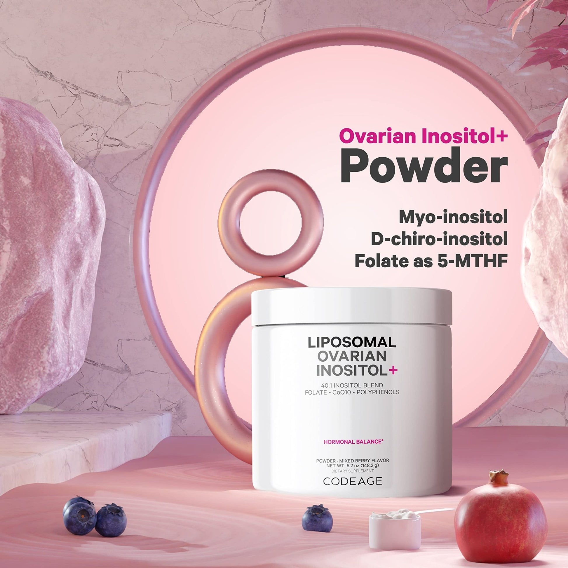 Codeage Liposomal Ovarian Inositol Powder - Myo-Inositol & D-Chiro-Inositol 40:1 Blend, Folate 5-MTHF, CoQ10, Pomegranate & Wild Blueberry - 2-Month Supply - Mixed Berry Flavor - Non-GMO, 60 Servings - dailyvitalstore