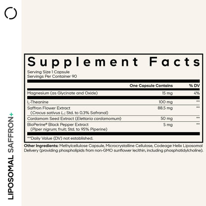 Codeage Liposomal Saffron+ Supplement - Saffron Extract, Magnesium, L-Theanine, Cardamom, BioPerine - 3-Month Supply - Kesar Spice, Liposomal Delivery - Non-GMO - 90 Capsules - dailyvitalstore