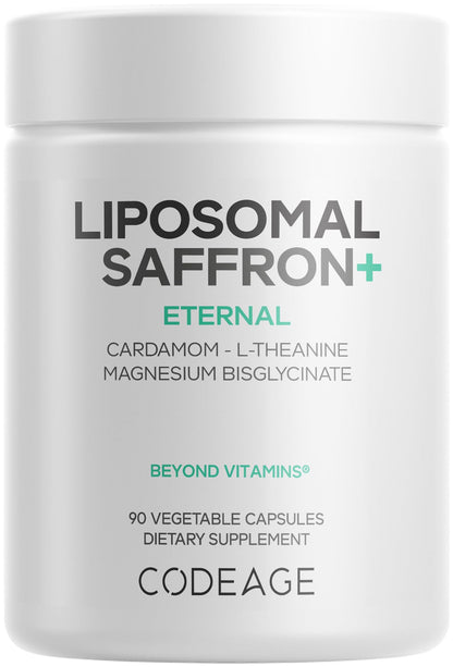 Codeage Liposomal Saffron+ Supplement - Saffron Extract, Magnesium, L-Theanine, Cardamom, BioPerine - 3-Month Supply - Kesar Spice, Liposomal Delivery - Non-GMO - 90 Capsules - dailyvitalstore