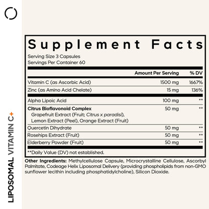 Codeage Liposomal Vitamin C 1500mg with Zinc, Elderberry, Citrus Bioflavonoids Grapefruit, Lemon, Orange Powder, Quercetin & Rose Hips Fruit – Vegan Supplement - Non-GMO, Vegan Pills, 180 Capsules - dailyvitalstore