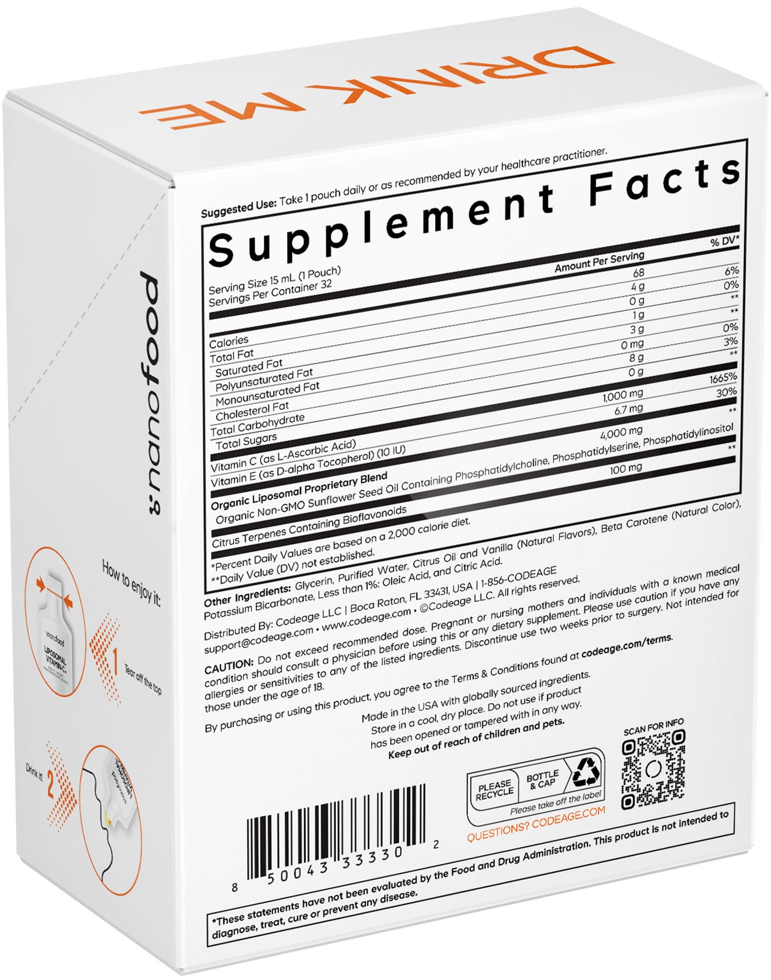 Codeage Liposomal Vitamin C Liquid 1000mg Vitamin C, 4000mg Essential Phospholipids, Supplement For Daily Immune Support, Liposomes For Absorption, Citrus Bioflavonoids, Vitamin E, Non-GMO, 32 Pouches - dailyvitalstore