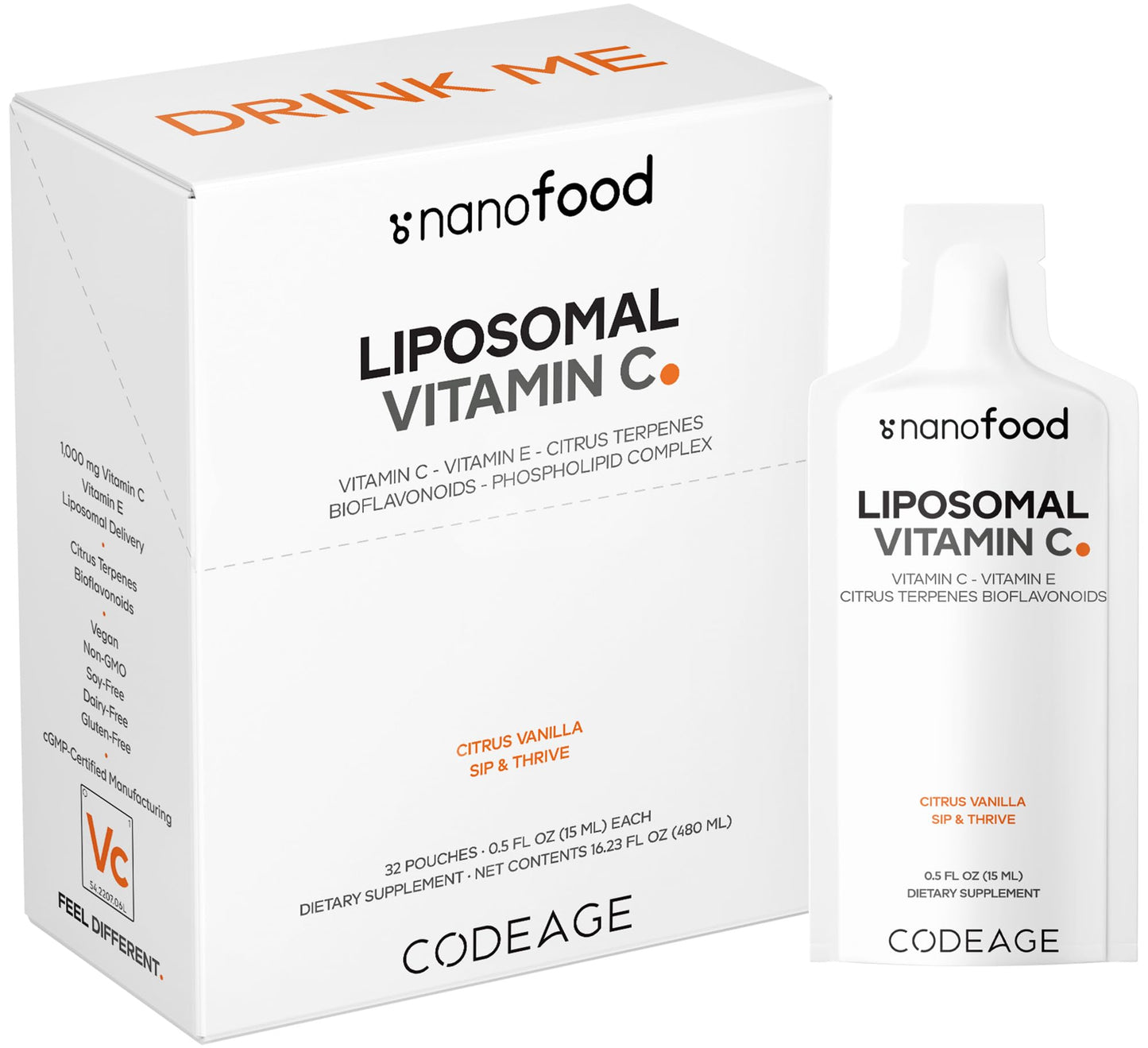 Codeage Liposomal Vitamin C Liquid 1000mg Vitamin C, 4000mg Essential Phospholipids, Supplement For Daily Immune Support, Liposomes For Absorption, Citrus Bioflavonoids, Vitamin E, Non-GMO, 32 Pouches - dailyvitalstore