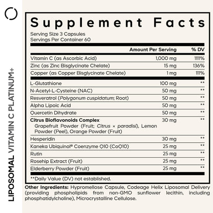 Codeage Liposomal Vitamin C+ Platinum - 1000 Mg Vitamin C Vitamins, Glutathione, NAC (N Acetyl Cysteine), Resveratrol, CoQ10, Rutin, Elderberry, Quercetin, Rosehip, Citrus Bioflavonoids - 180 Capsules - dailyvitalstore