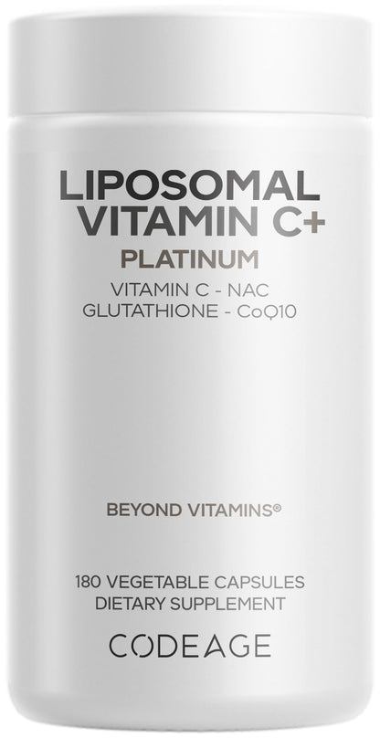 Codeage Liposomal Vitamin C+ Platinum - 1000 Mg Vitamin C Vitamins, Glutathione, NAC (N Acetyl Cysteine), Resveratrol, CoQ10, Rutin, Elderberry, Quercetin, Rosehip, Citrus Bioflavonoids - 180 Capsules - dailyvitalstore