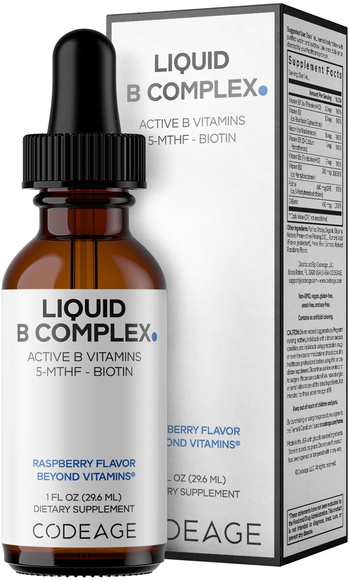 Codeage Liquid B-Complex Supplement with 8 Forms of Vitamin B - Vitamin Thiamine B1, Riboflavin B2, B3, B5, B6, Biotin B7, Active Methylated B9 Folate & B12 - Raspberry Flavor - Non-GMO - 1 fl oz - dailyvitalstore