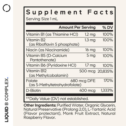 Codeage Liquid B-Complex Supplement with 8 Forms of Vitamin B - Vitamin Thiamine B1, Riboflavin B2, B3, B5, B6, Biotin B7, Active Methylated B9 Folate & B12 - Raspberry Flavor - Non-GMO - 1 fl oz - dailyvitalstore