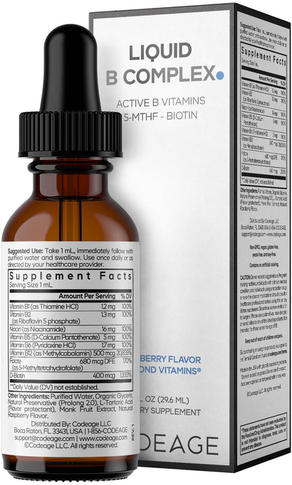Codeage Liquid B-Complex Supplement with 8 Forms of Vitamin B - Vitamin Thiamine B1, Riboflavin B2, B3, B5, B6, Biotin B7, Active Methylated B9 Folate & B12 - Raspberry Flavor - Non-GMO - 1 fl oz - dailyvitalstore
