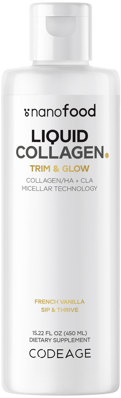 Codeage Liquid Collagen Supplement Vanilla Flavor, Beauty Trim & Glow Liposomal Collagen Peptides, CLA Conjugated Linoleic Acid, Hyaluronic Acid, Vitamin E, Hydrolyzed, Non-GMO, 15.22 fl oz - dailyvitalstore