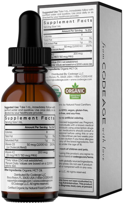 Codeage Liquid D3+K2 Vitamins USDA Organic - Vitamin D3 2000 IU, Vitamin K2 (MK4 & MK7) Liquid Drops - Immune Support - Unflavored - Organic MCT Oil - Non-GMO - 1 fl oz - dailyvitalstore