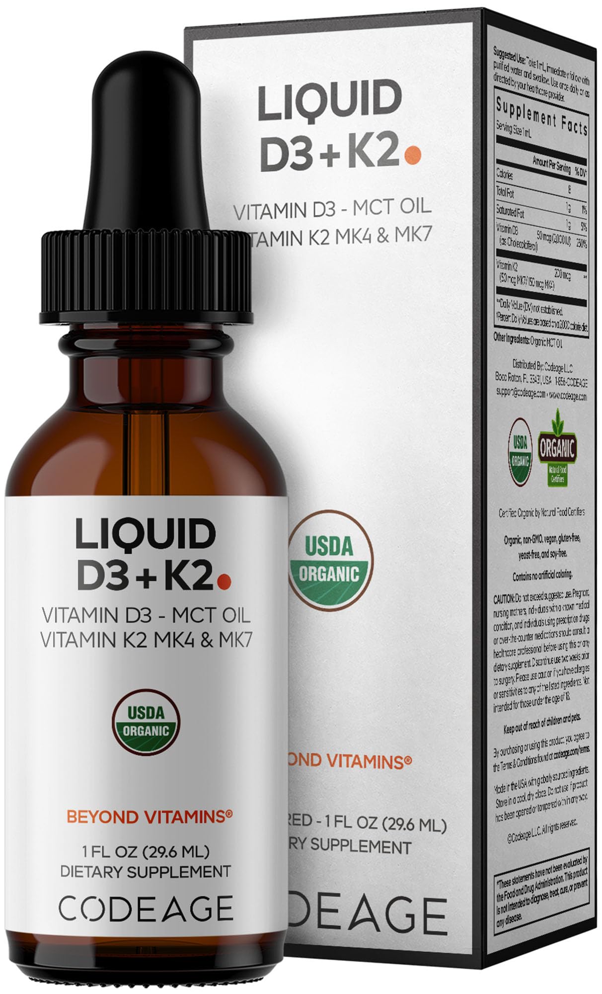 Codeage Liquid D3+K2 Vitamins USDA Organic - Vitamin D3 2000 IU, Vitamin K2 (MK4 & MK7) Liquid Drops - Immune Support - Unflavored - Organic MCT Oil - Non-GMO - 1 fl oz - dailyvitalstore