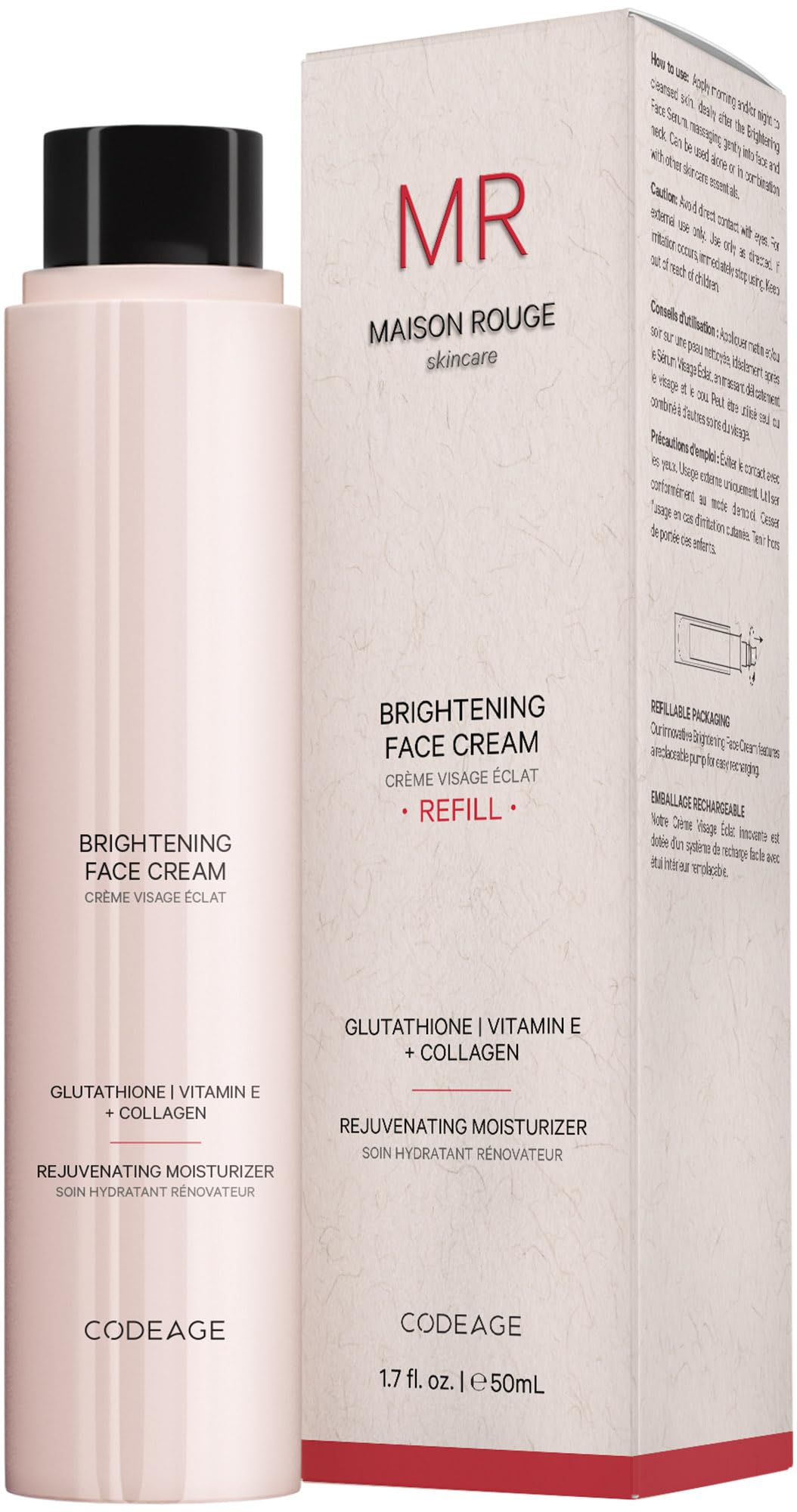 Codeage Maison Rouge Brightening Face Cream Refill Glutathione Cream, Collagen Peptides, Vitamin E, CoQ10 – Radiance & Antioxidant Complex – Paraben and Sulfates Free – Skin Care - 1.7 fl oz - dailyvitalstore