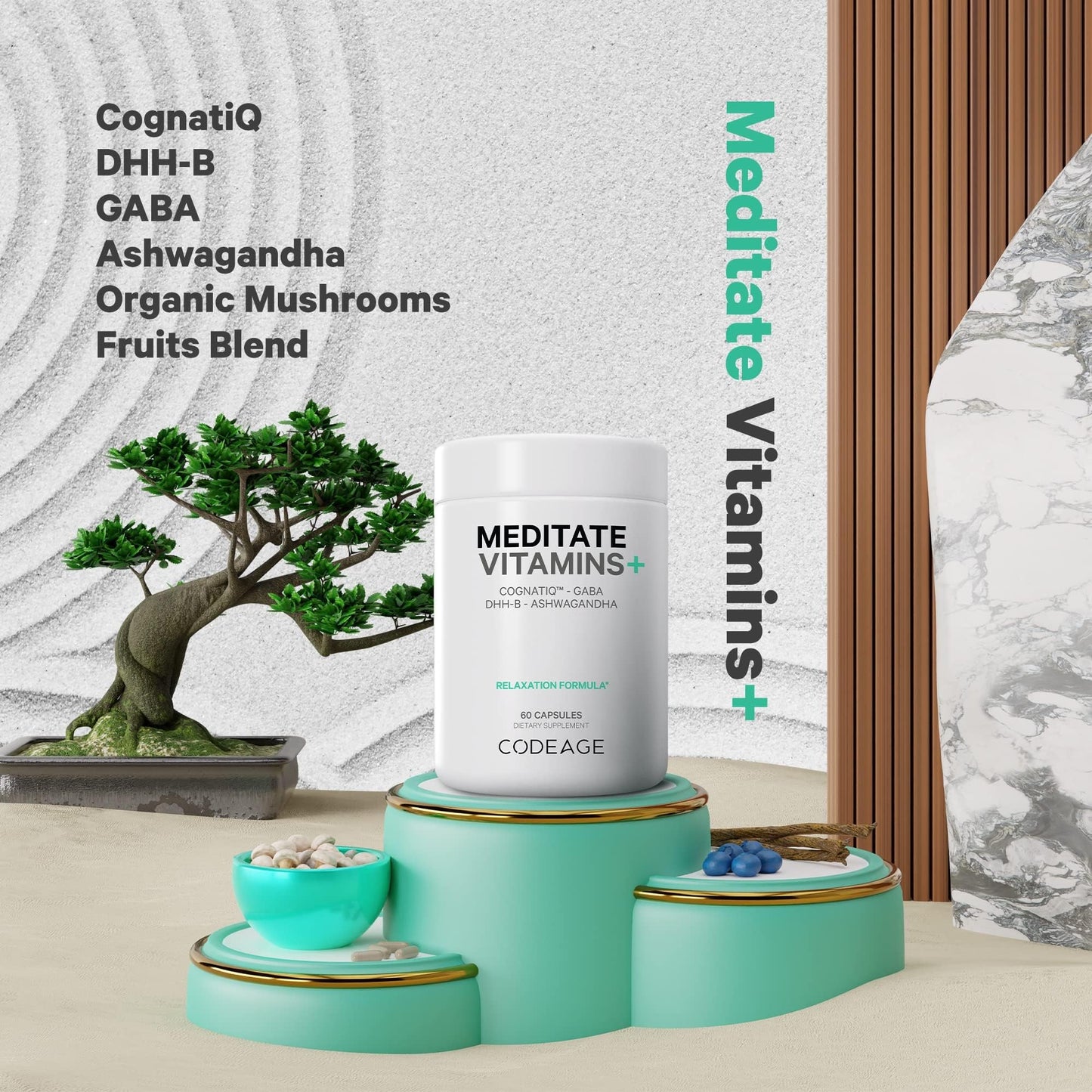 Codeage Meditate Vitamins+ Supplement - CognatiQ, DHH-B, GABA, Ashwagandha, Organic Mushrooms, Blueberries - BDNF Brain Pills and Neuroprotein - Vegan, Non-GMO, Gluten-Free - 60 Capsules - dailyvitalstore