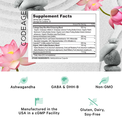 Codeage Meditate Vitamins+ Supplement - CognatiQ, DHH-B, GABA, Ashwagandha, Organic Mushrooms, Blueberries - BDNF Brain Pills and Neuroprotein - Vegan, Non-GMO, Gluten-Free - 60 Capsules - dailyvitalstore