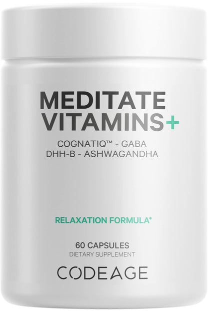 Codeage Meditate Vitamins+ Supplement - CognatiQ, DHH-B, GABA, Ashwagandha, Organic Mushrooms, Blueberries - BDNF Brain Pills and Neuroprotein - Vegan, Non-GMO, Gluten-Free - 60 Capsules - dailyvitalstore
