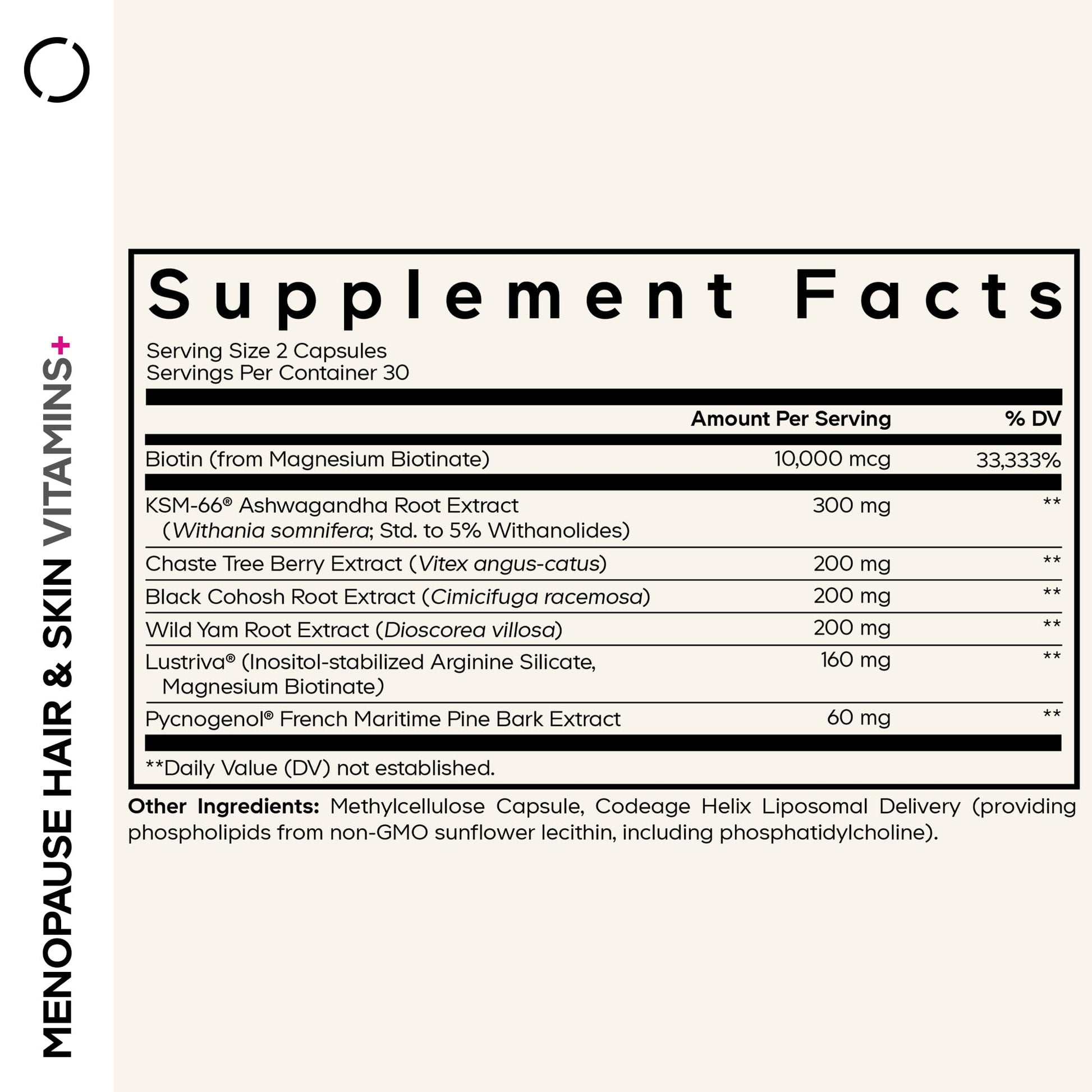 Codeage Menopause Hair & Skin Vitamins+ - Patented Lustriva, Pycnogenol, KSM-66 Ashwagandha - Hair Density Skin Perimenopause Support - Menopause Supplement - 10,000 Mcg Biotin, Wild Yam - 60 Capsules - dailyvitalstore