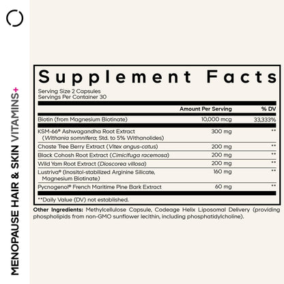 Codeage Menopause Hair & Skin Vitamins+ - Patented Lustriva, Pycnogenol, KSM-66 Ashwagandha - Hair Density Skin Perimenopause Support - Menopause Supplement - 10,000 Mcg Biotin, Wild Yam - 60 Capsules - dailyvitalstore