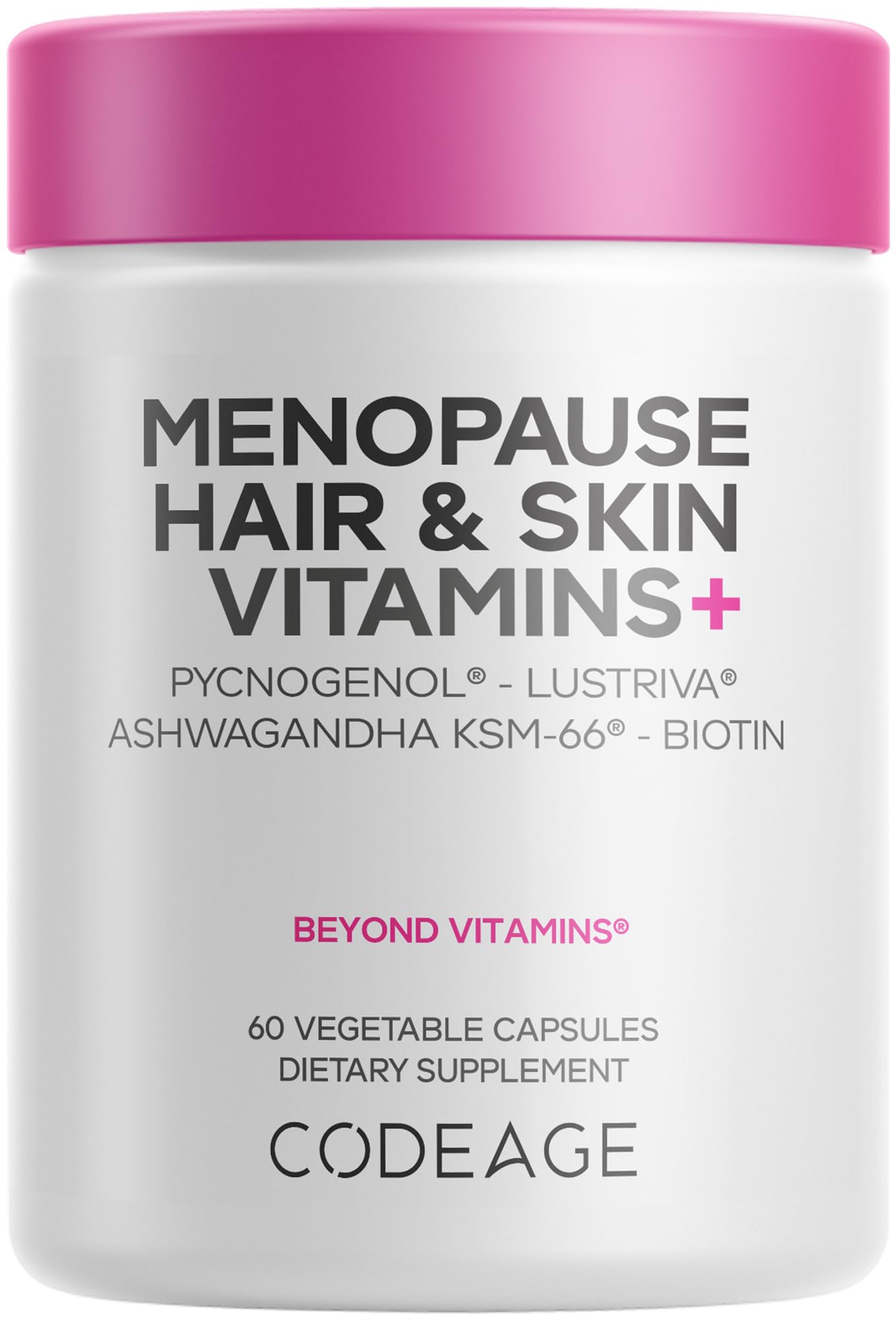 Codeage Menopause Hair & Skin Vitamins+ - Patented Lustriva, Pycnogenol, KSM-66 Ashwagandha - Hair Density Skin Perimenopause Support - Menopause Supplement - 10,000 Mcg Biotin, Wild Yam - 60 Capsules - dailyvitalstore