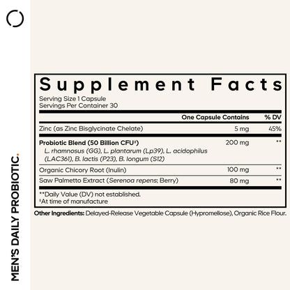 Codeage Men’s Daily Probiotic Supplement - 50 Billion CFU Probiotic Blend with Zinc, Inulin Prebiotic, Saw Palmetto – Men’s Wellness Support – 1 Capsule Per Serving - Non-GMO – 30 Capsules - dailyvitalstore