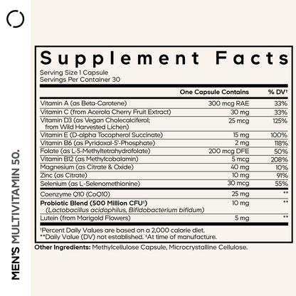 Codeage Men's Multivitamin 50 - Essential Vitamins & Minerals for Men Over 50 - Daily Multivitamins for Men Supplement - Vitamin A, C, D3, E, B6, B1, CoQ10, Probiotics, Lutein - Non-GMO - 30 Capsules - dailyvitalstore