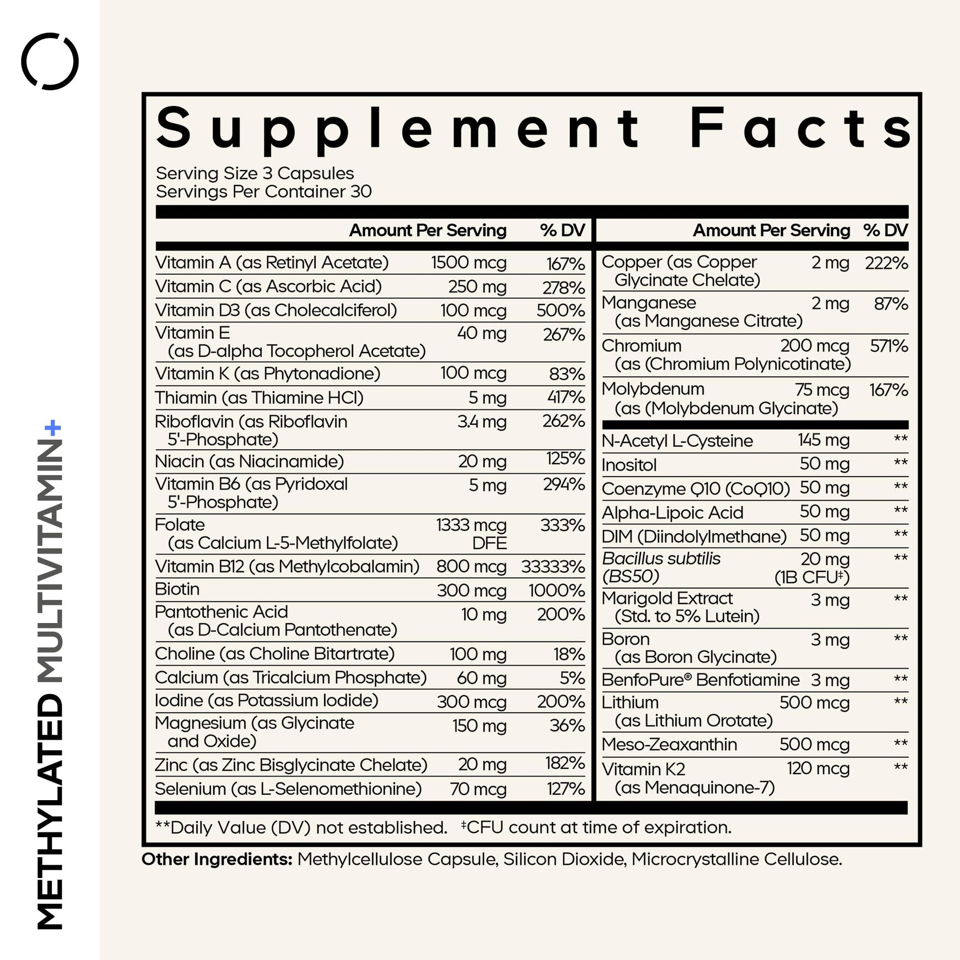 Codeage Methylated Multivitamin Supplement - B-Vitamin, Vitamins A, C, D, E, K2, B12 Methylcobalamin - L-Methylfolate - Magnesium, CoQ10, DIM, Probiotics, Benfotiamine, Lithium, Calcium - 90 Capsules - dailyvitalstore
