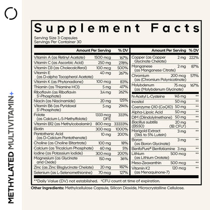 Codeage Methylated Multivitamin Supplement - B-Vitamin, Vitamins A, C, D, E, K2, B12 Methylcobalamin - L-Methylfolate - Magnesium, CoQ10, DIM, Probiotics, Benfotiamine, Lithium, Calcium - 90 Capsules - dailyvitalstore