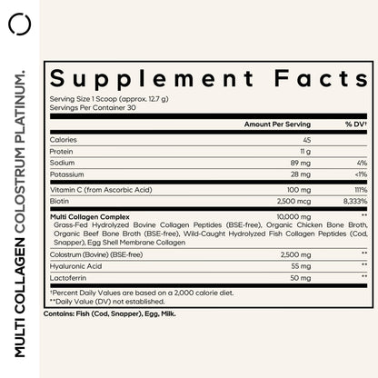 Codeage Multi Collagen Colostrum Powder Platinum - Hydrolyzed Grass-Fed Bovine Collagen Peptides, Grass-Fed Bovine Colostrum Supplement, Vitamin C, Biotin, Hyaluronic Acid, Lactoferrin - 13.4 Oz. - dailyvitalstore