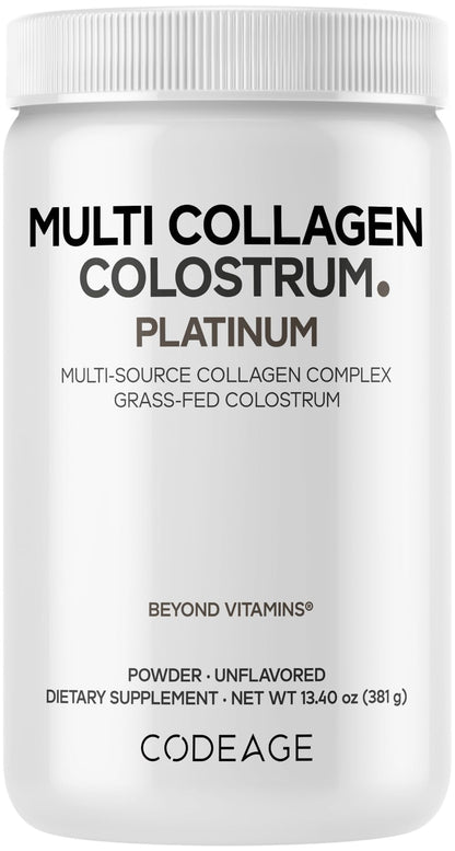 Codeage Multi Collagen Colostrum Powder Platinum - Hydrolyzed Grass-Fed Bovine Collagen Peptides, Grass-Fed Bovine Colostrum Supplement, Vitamin C, Biotin, Hyaluronic Acid, Lactoferrin - 13.4 Oz. - dailyvitalstore