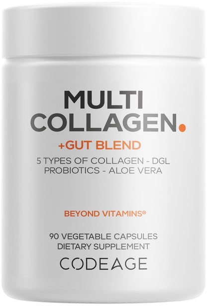 Codeage Multi Collagen + Gut Blend Supplement - Digestive Probiotics, DGL Licorice, Aloe Vera, Organic Peppermint Leaf, Slippery Elm - Hydrolyzed Bovine Collagen Pills - Non-GMO - 90 Capsules - dailyvitalstore