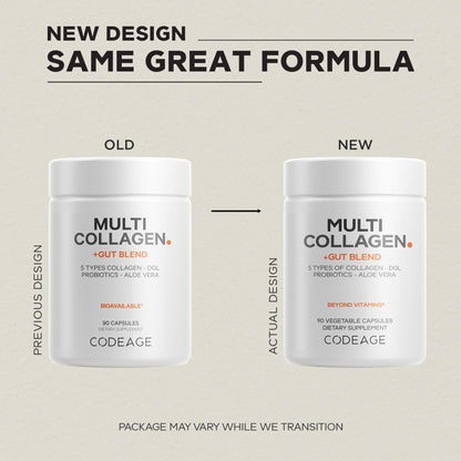 Codeage Multi Collagen + Gut Blend Supplement - Digestive Probiotics, DGL Licorice, Aloe Vera, Organic Peppermint Leaf, Slippery Elm - Hydrolyzed Bovine Collagen Pills - Non-GMO - 90 Capsules - dailyvitalstore