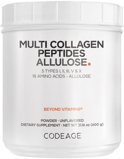 Codeage Multi Collagen Peptides Powder + Allulose - 5 Types - Grass-Fed Collagen - Rare Sugar Allulose Supplement - 0 Calorie Sweetener & 0 Carbs - 18 Amino Acids - Unflavored - Non-GMO - 30 Servings - dailyvitalstore
