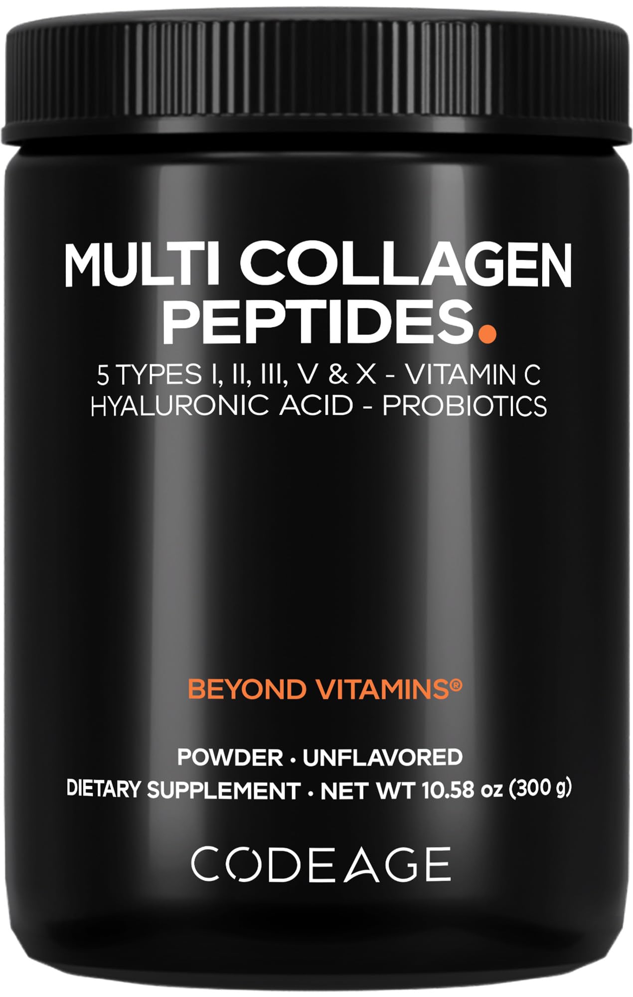 Codeage Multi Collagen Peptides Powder + Probiotics Black Edition, Vitamin C, Hyaluronic Acid Powder Supplement, Grass-Fed, Hydrolyzed, Zero Carbs, Type I, II, III, V & X, Unflavored, 10.58oz - dailyvitalstore