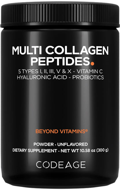 Codeage Multi Collagen Peptides Powder + Probiotics Black Edition, Vitamin C, Hyaluronic Acid Powder Supplement, Grass-Fed, Hydrolyzed, Zero Carbs, Type I, II, III, V & X, Unflavored, 10.58oz - dailyvitalstore