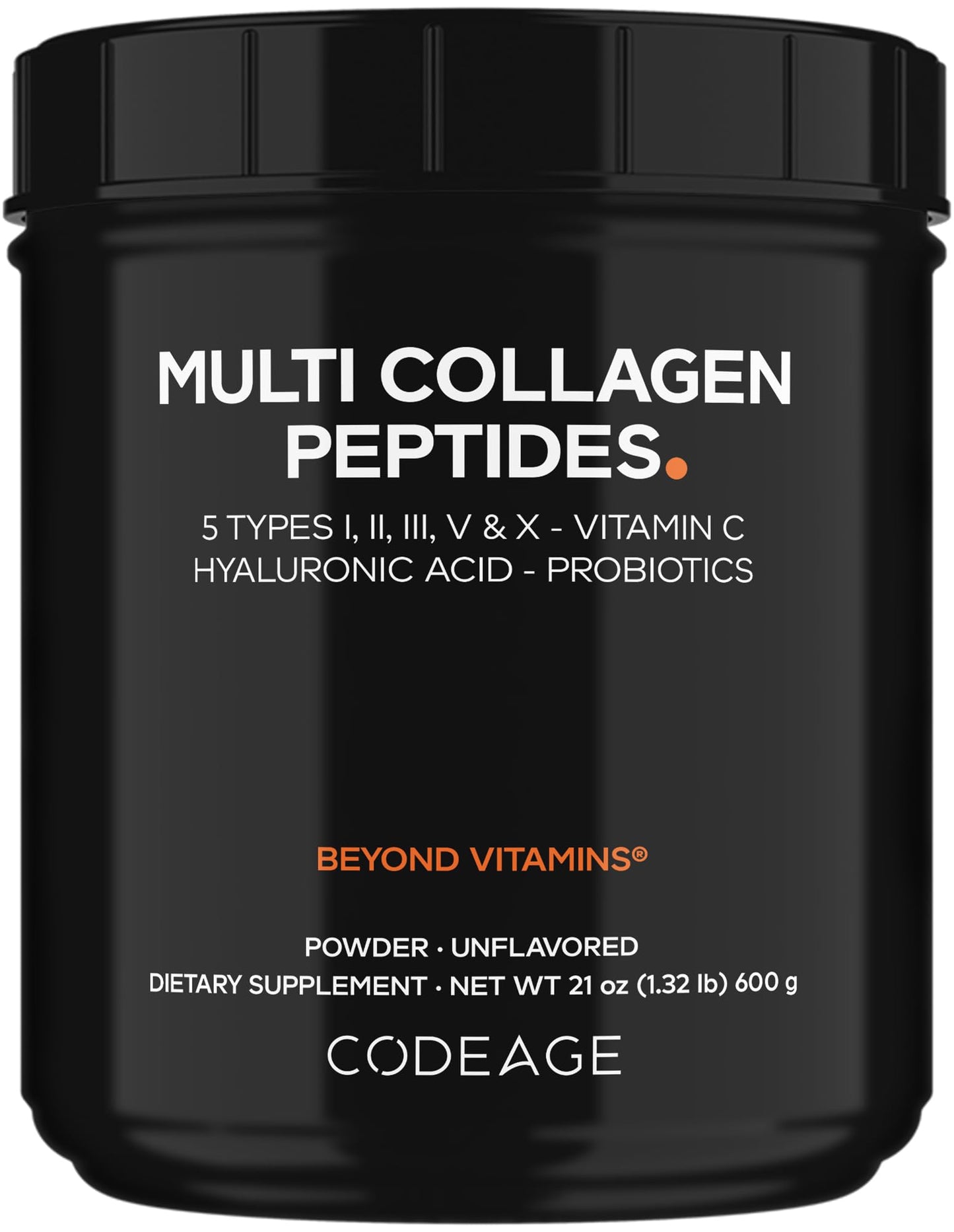 Codeage Multi Collagen Peptides + Probiotics Black Edition, Vitamin C, Hyaluronic Acid Powder Supplement, Grass-Fed, Pasture-Raised, Hydrolyzed, Zero Carbs, Type I, II, III, V & X, Unflavored, 21oz - dailyvitalstore