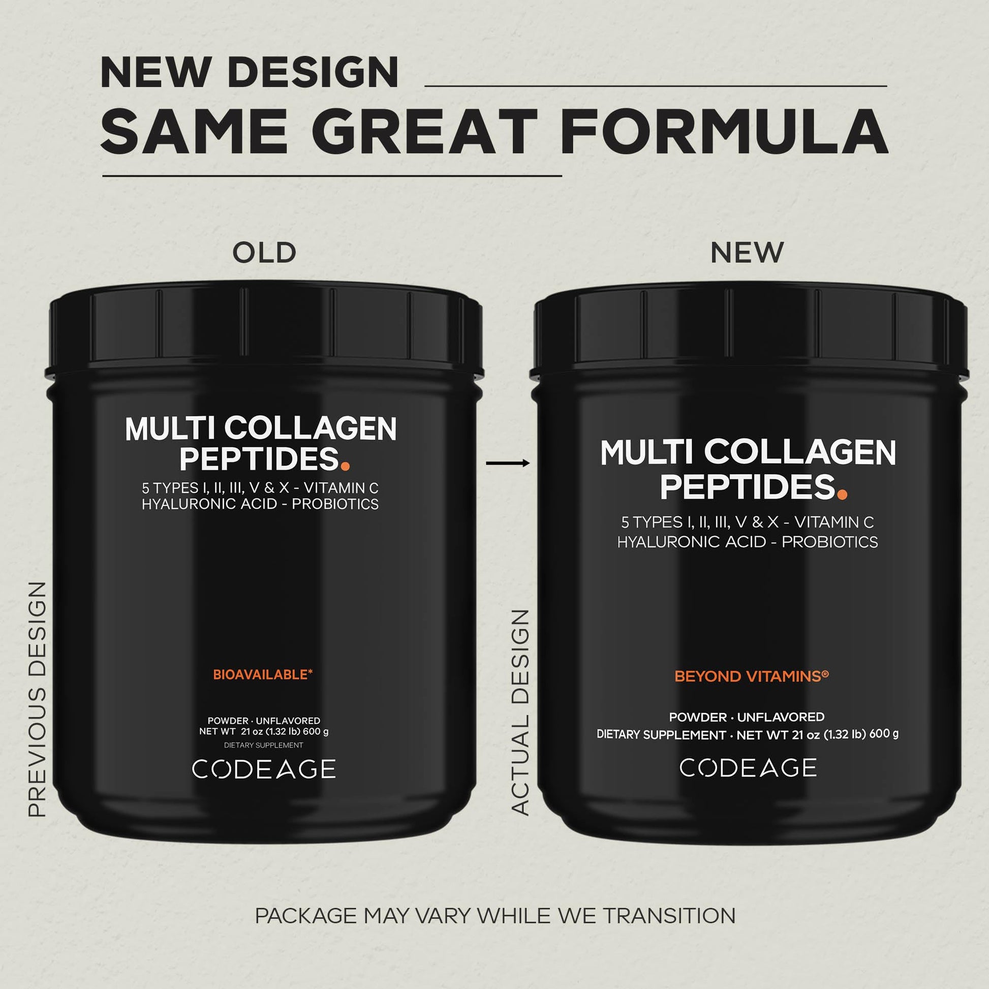 Codeage Multi Collagen Peptides + Probiotics Black Edition, Vitamin C, Hyaluronic Acid Powder Supplement, Grass-Fed, Pasture-Raised, Hydrolyzed, Zero Carbs, Type I, II, III, V & X, Unflavored, 21oz - dailyvitalstore